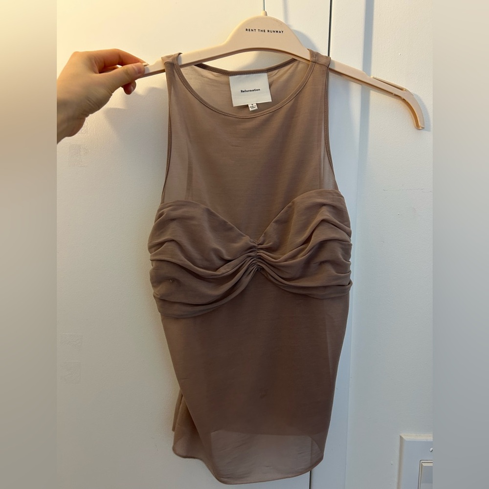 Reformation Taupe Ruched Sheer Overlay Tank Top